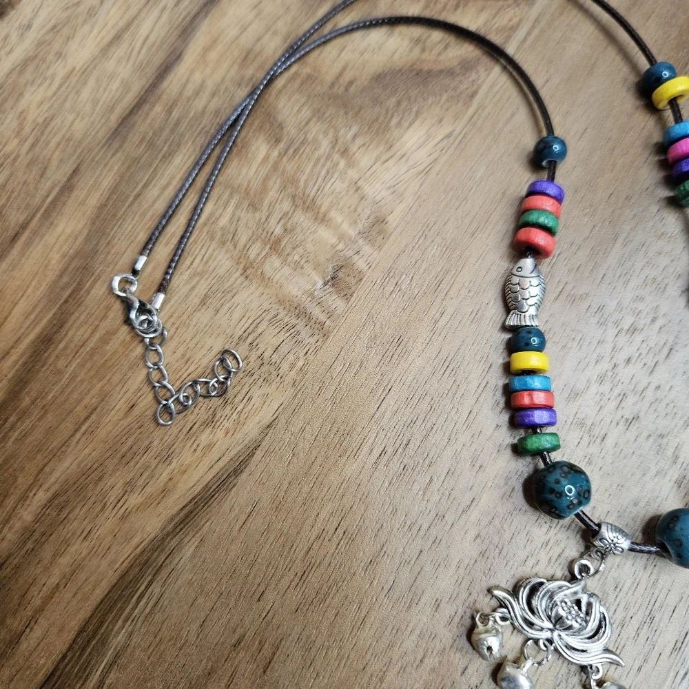 Women's Cord Necklace Ceramic Beads Metal Fish Colorful Long Necklace Lotus